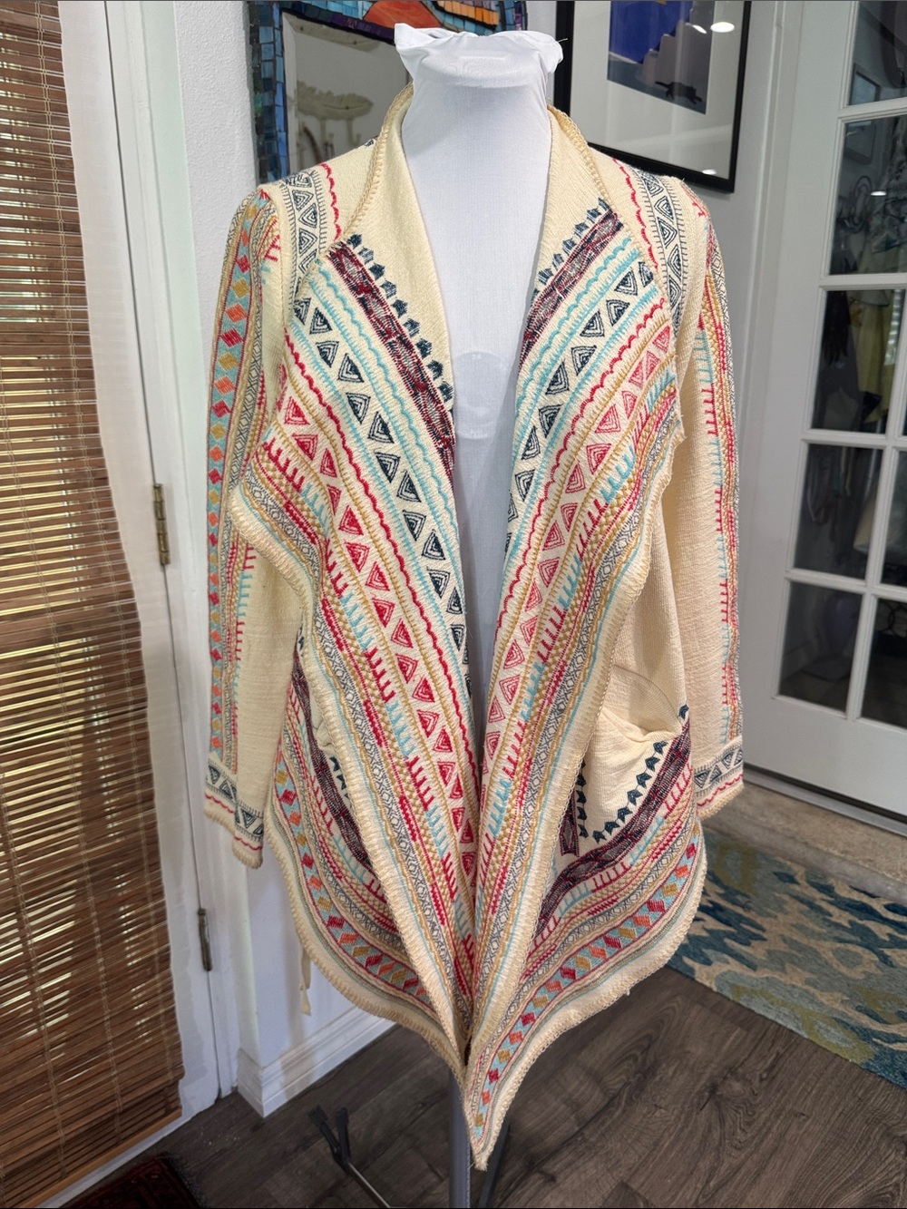 Adore Cream Open-Front Cardigan with Pink, Blue, Teal & Burgundy Embroidery